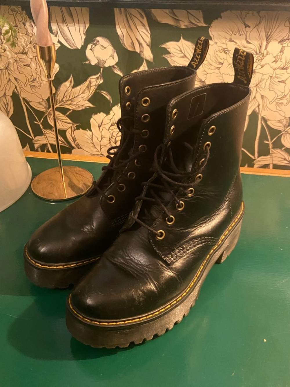 Dr. Martens Black Leather Lace-Up Platform Combat Boots with Yellow Stitching